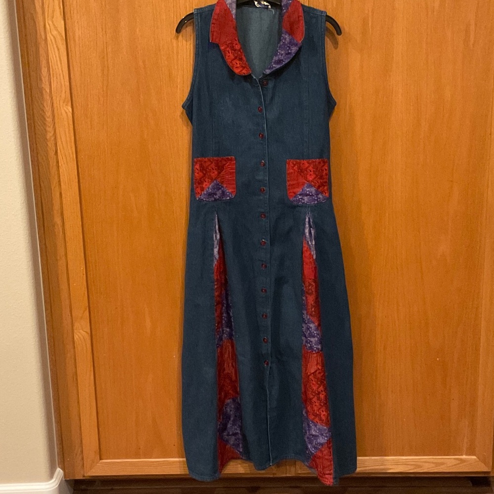 April Cornell Denim Maxi Dress with Red & Purple Velvet Panels